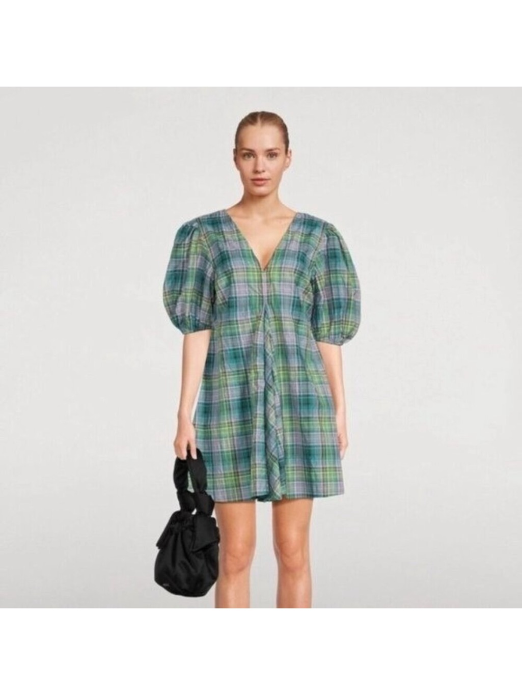 Ganni Seersucker Green Plaid V-Neck Puff Sleeve Mini Dress Plaid Tartan